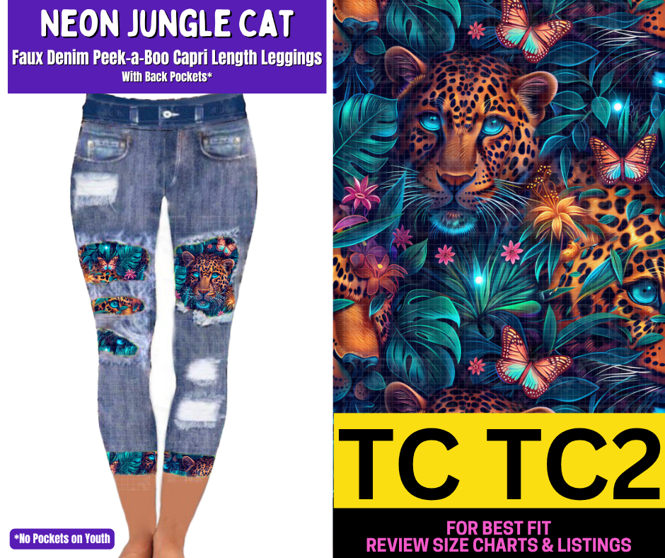 Neon Jungle Cat Capri Faux Denim Peekaboo