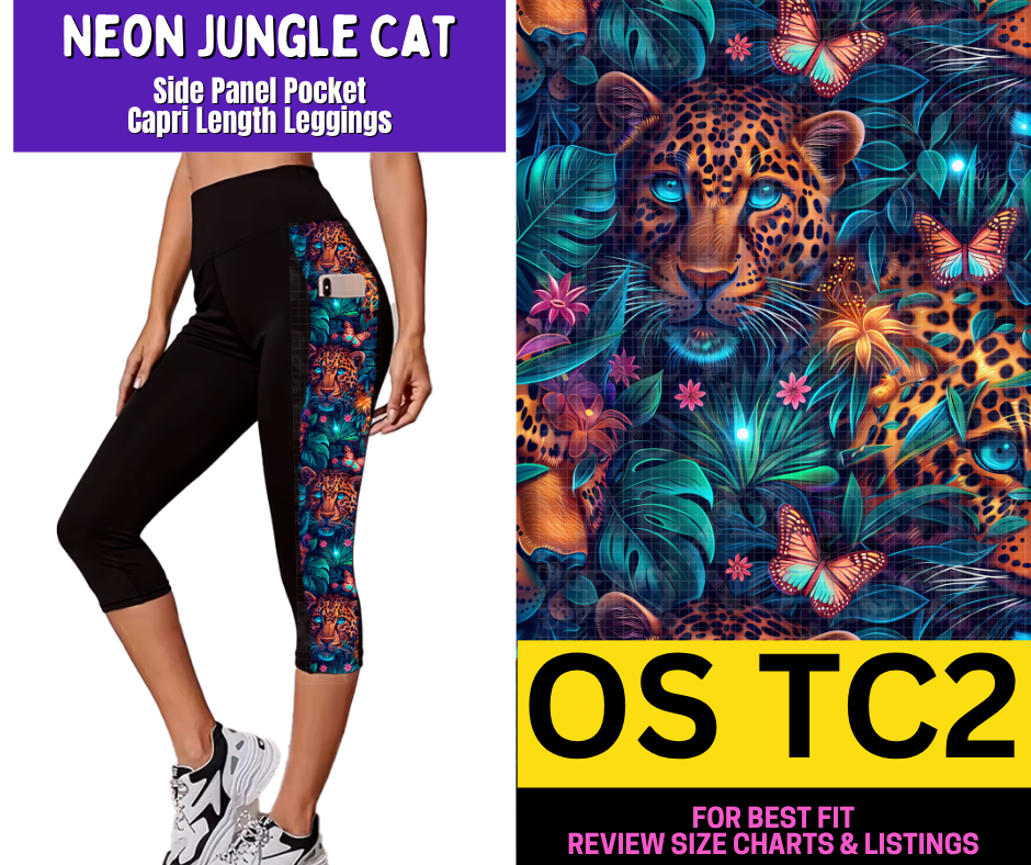 Neon Jungle Cat Side Panel Pocket Capri Length Leggings