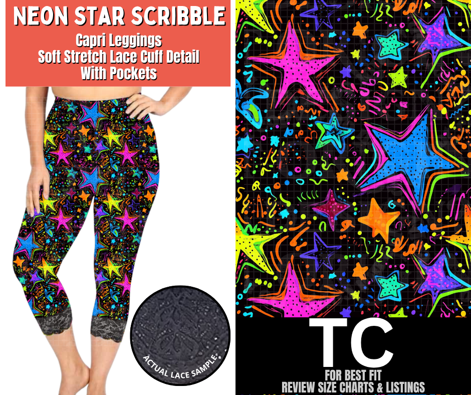 Neon Star Scribble Lace Cuff Capris w/ Pockets