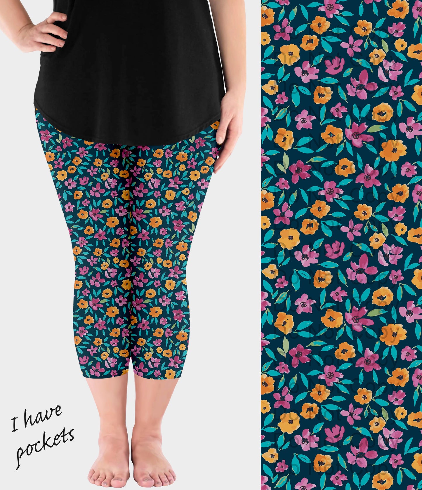 RTS - Orange and Pink Blooms Capri Leggings with Pockets