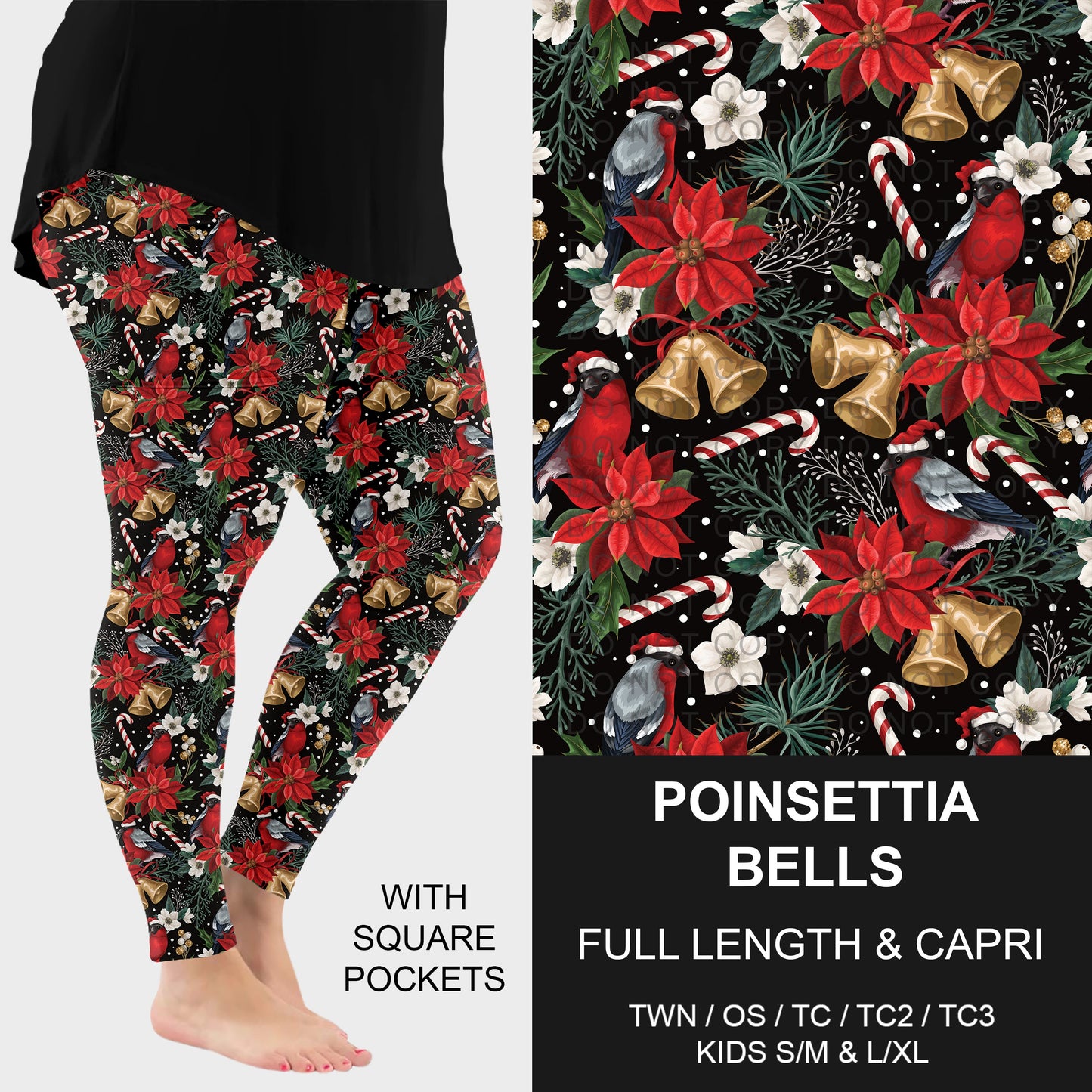 B312 - Preorder Poinsettia Bells Leggings w/ Pockets (Closes 9/13. ETA: mid Nov.)