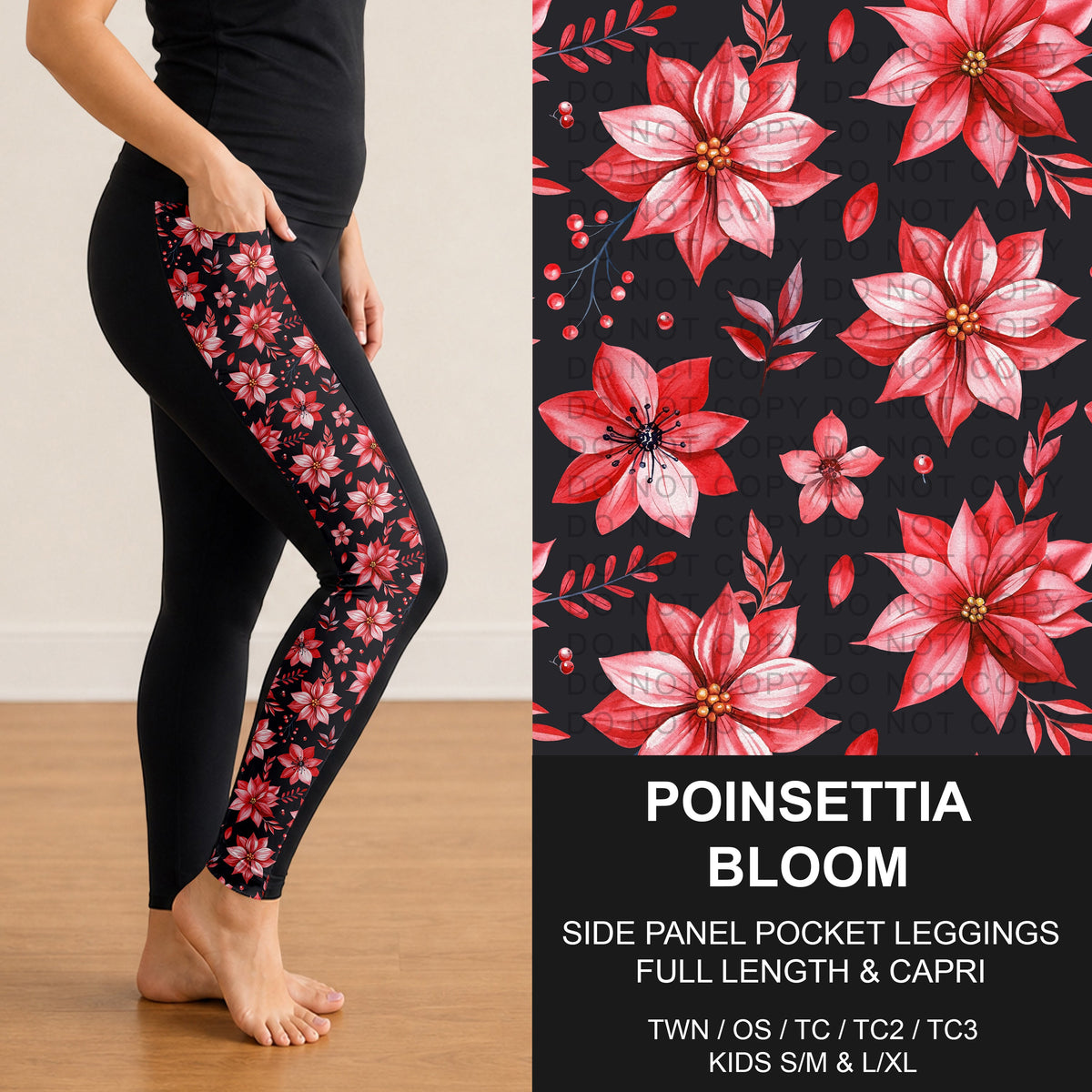 B315 - Preorder Poinsettia Bloom Side Panel Pocket Leggings (Closes 10/04. ETA: early Dec.)
