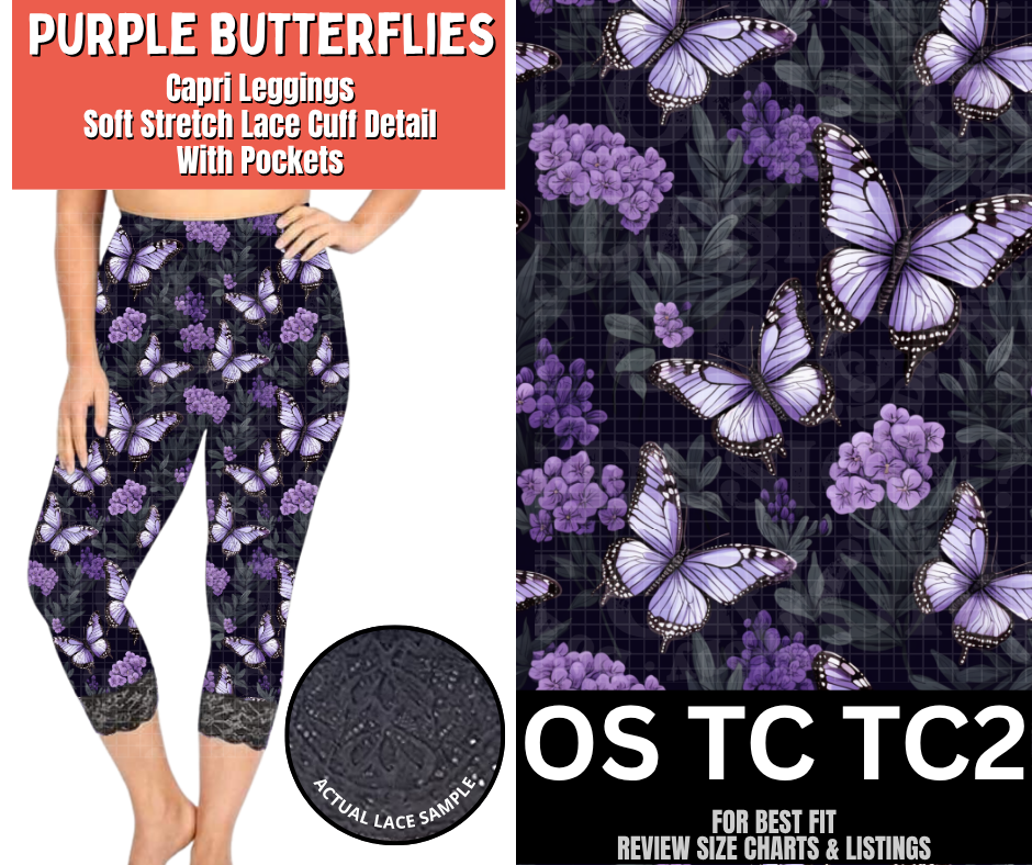 Purple Butterflies Lace Cuff Capris w/ Pockets