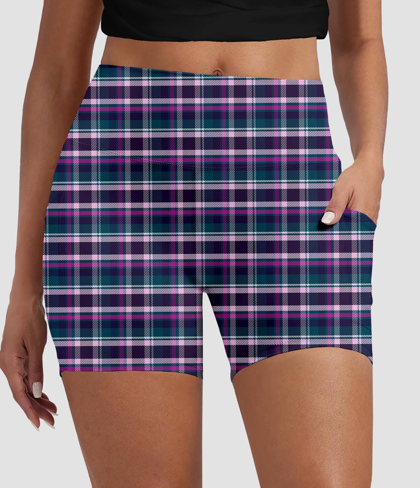 RTS - Purple and Teal Plaid Biker Shorts w/ Pockets
