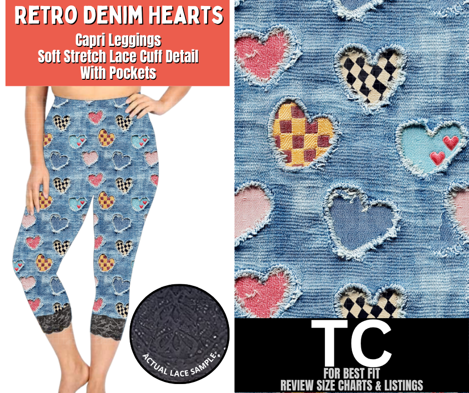 Retro Denim Hearts Lace Cuff Capris w/ Pockets