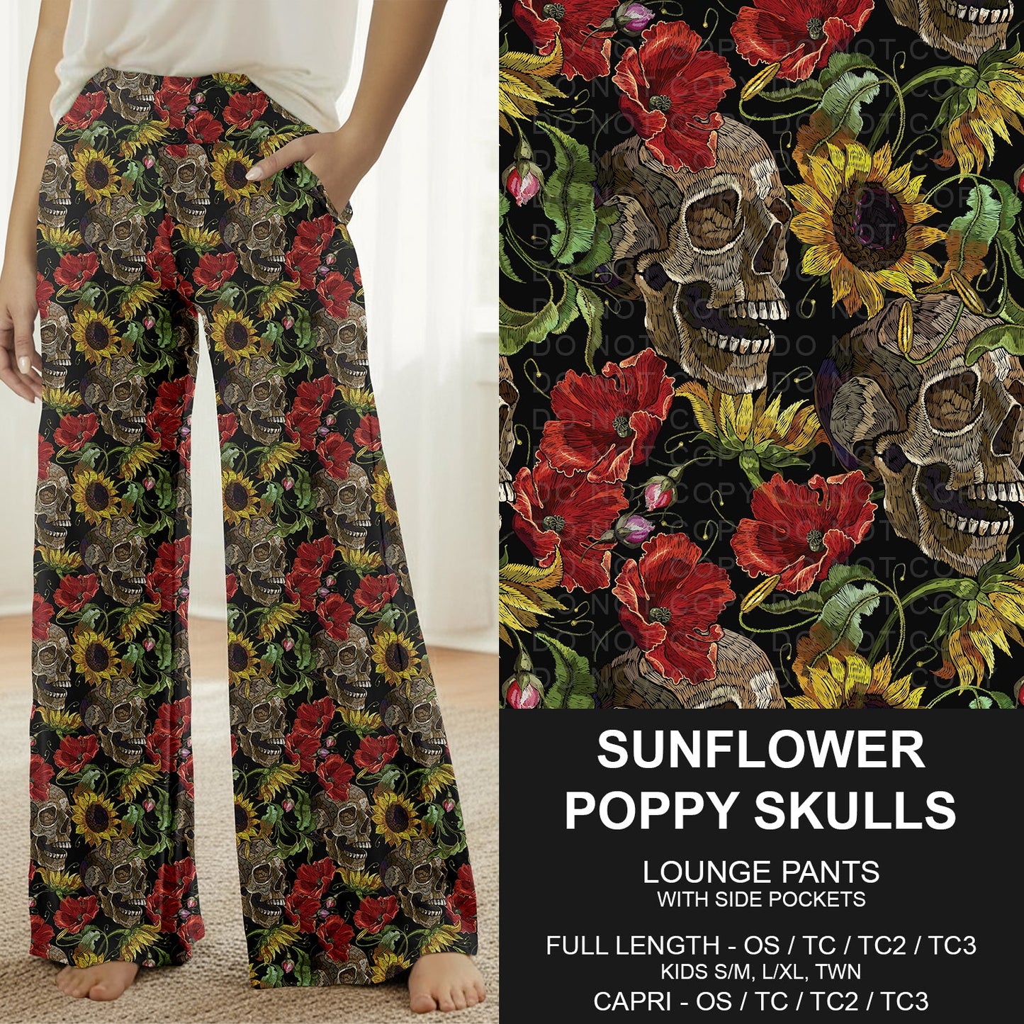 B296 - Preorder Sunflower Poppy Skulls Lounge Pants (Closes 6/21. ETA: late Aug.)