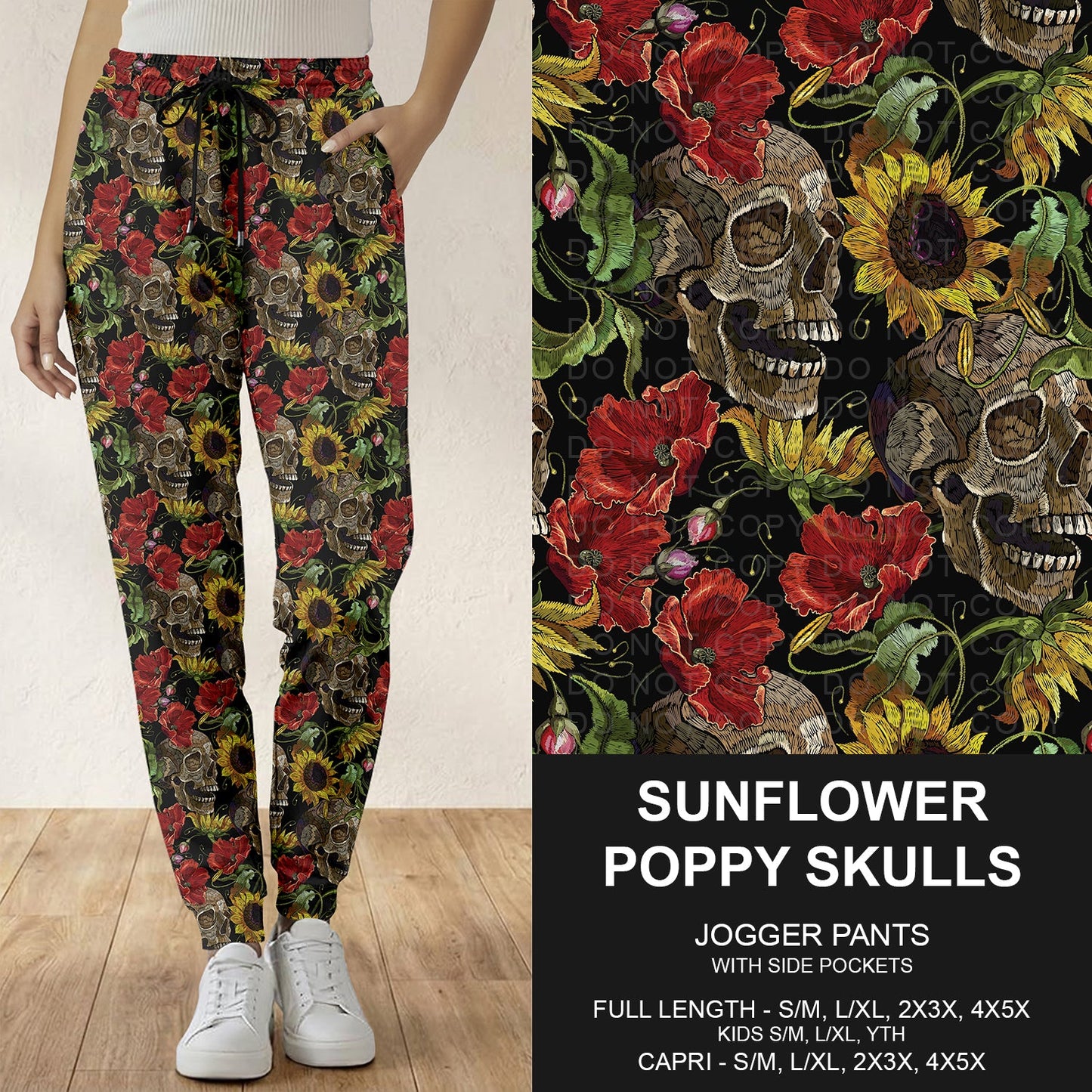B296 - Preorder Sunflower Poppy Skulls Joggers (Closes 6/21. ETA: late Aug.)