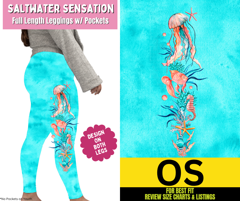 Saltwater Sensation Watercolor Full Length Leggings w/ Side Leg Designs