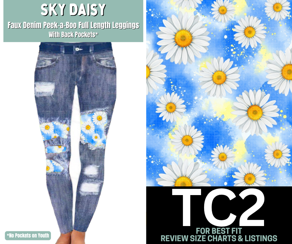 Sky Daisy Faux Denim Full Length Peekaboo Leggings