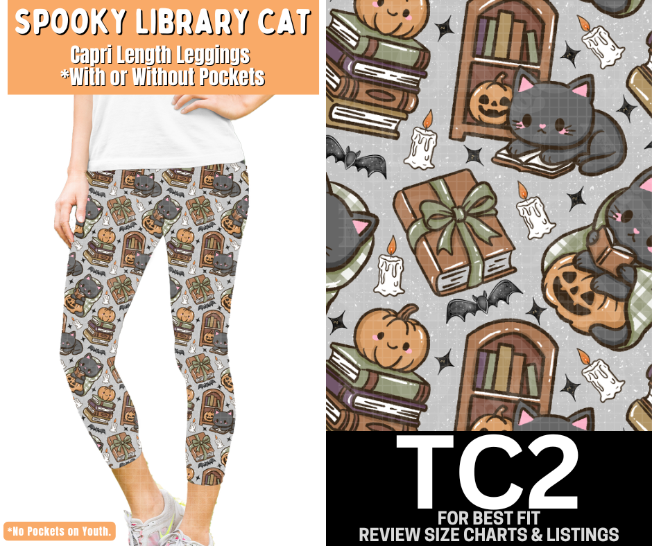 Spooky Library Cat Capri Length Leggings w/ Pockets