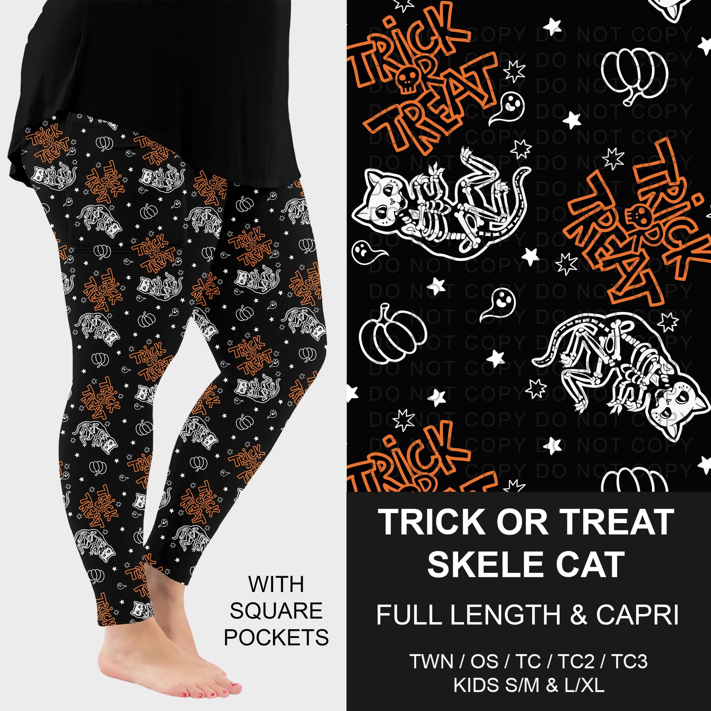 B295 - Preorder Trick or Treat Skele Cat Leggings w/ Pockets (Closes 6/14. ETA: late Aug.)
