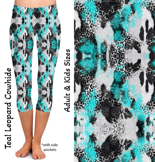Teal Leopard Cowhide Capri Leggings with Pockets