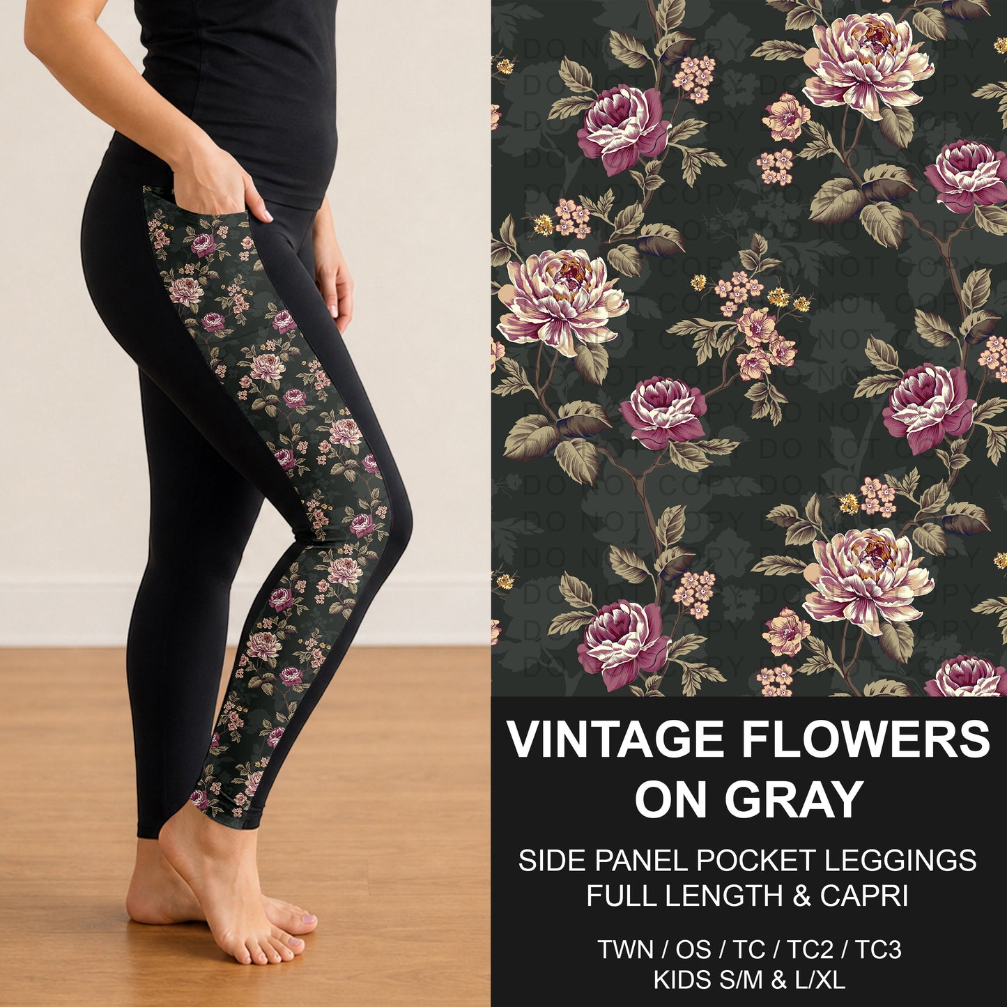 B310 - Preorder Vintage Flowers on Gray Side Panel Pocket Leggings (Closes 8/30. ETA: late Oct.)