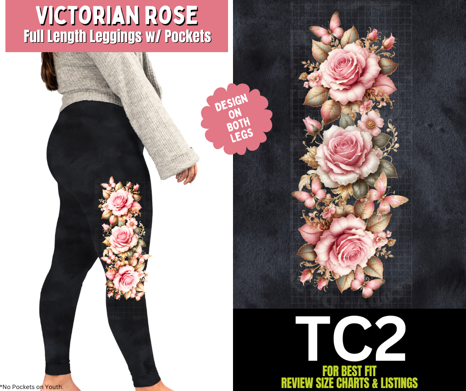Victorian Rose Watercolor Full Length Leggings w/ Side Leg Designs