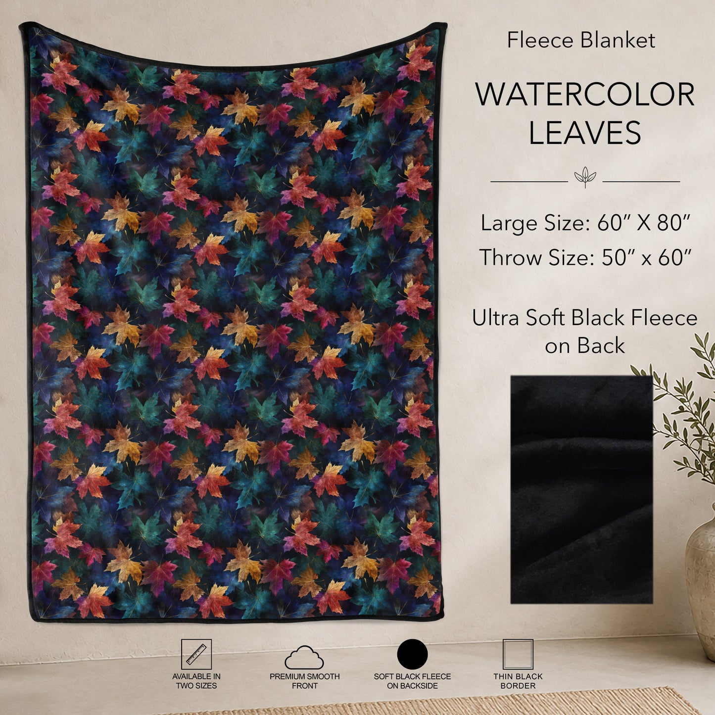 B304 - Pre-Order Watercolor Leaves Fleece Blanket (Closes 7/31. ETA: early Oct)