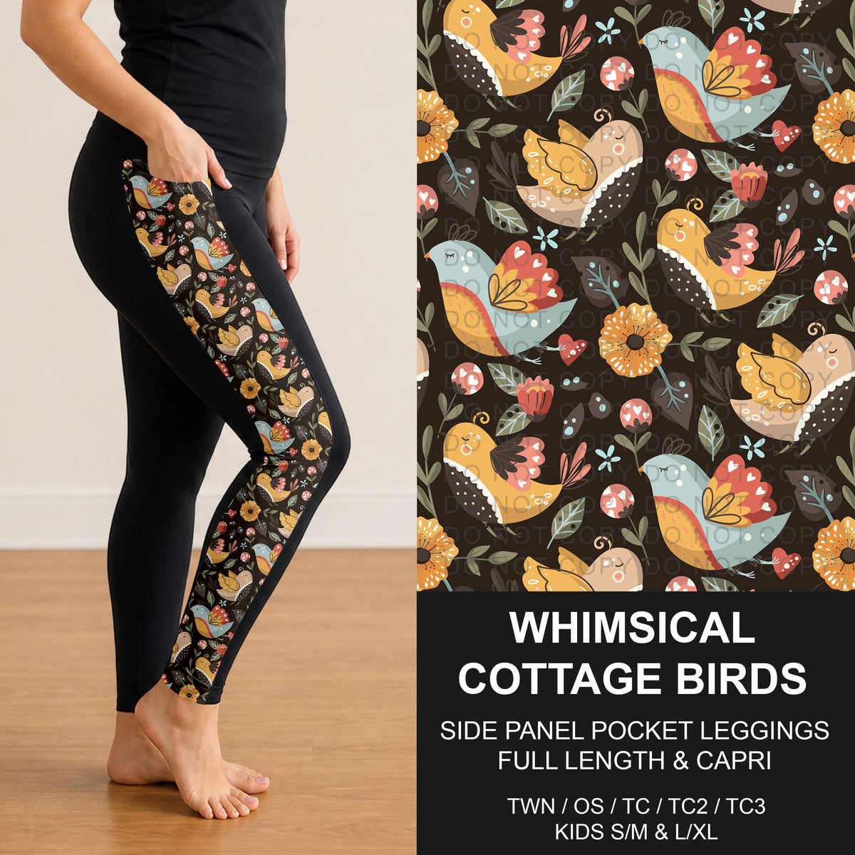 B316 - Preorder Whimsical Cottage Birds Side Panel Pocket Leggings (Closes 10/11. ETA: mid Dec.)