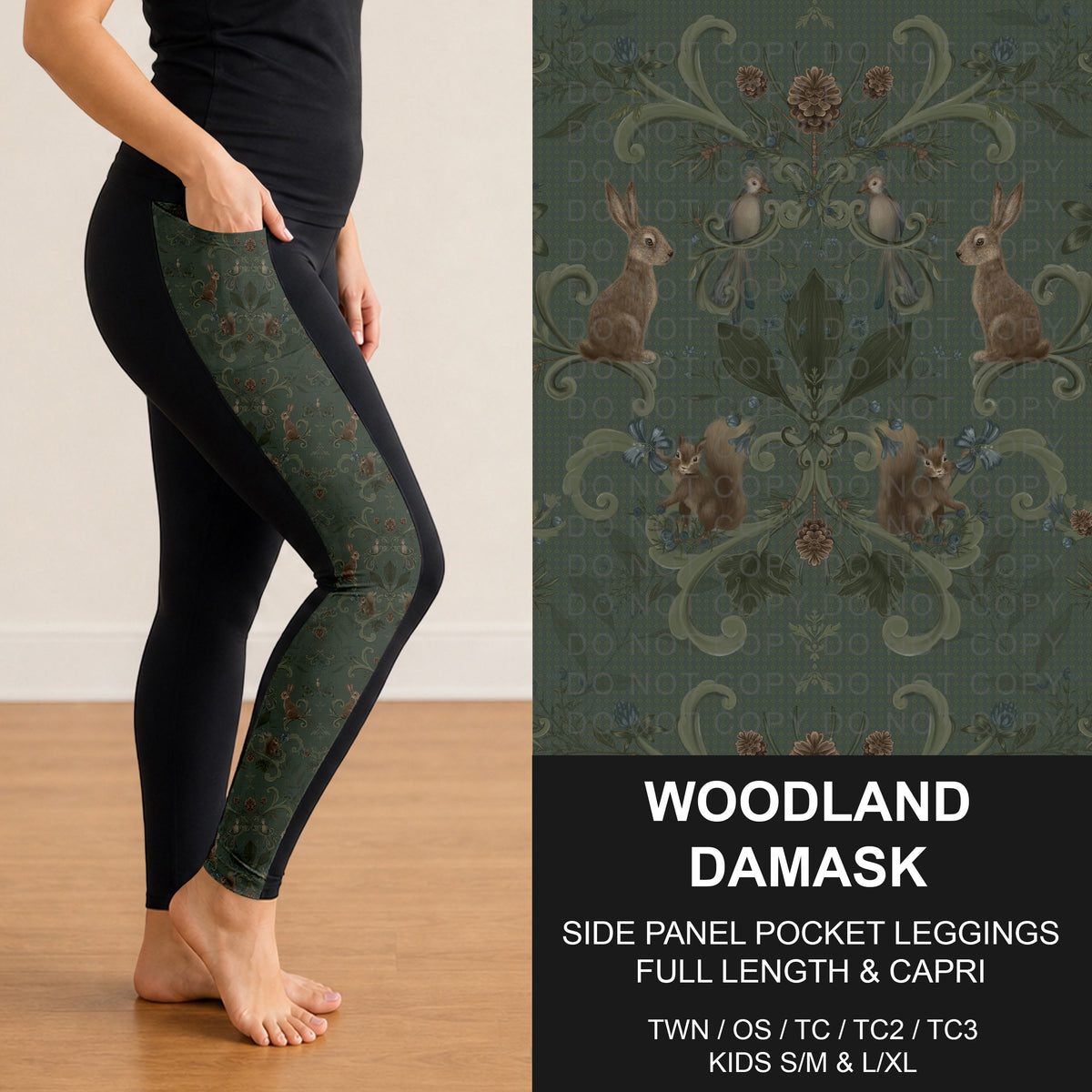 B316 - Preorder Woodland Damask Side Panel Pocket Leggings (Closes 10/11. ETA: mid Dec.)