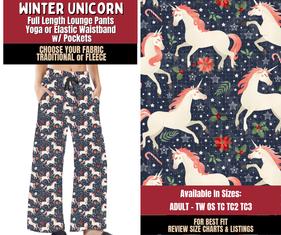 Preorder! Closes 9/7. ETA Dec. Winter Unicorn Lounge Pants Choose Fleece or Traditional