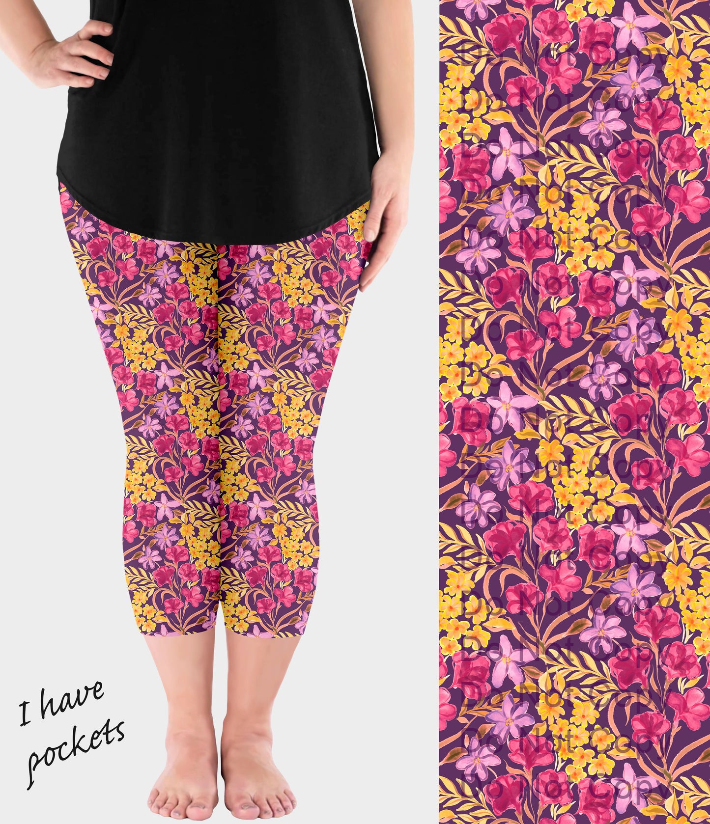 RTS - Yellow and Pink Flowers Capri Leggings with Pockets