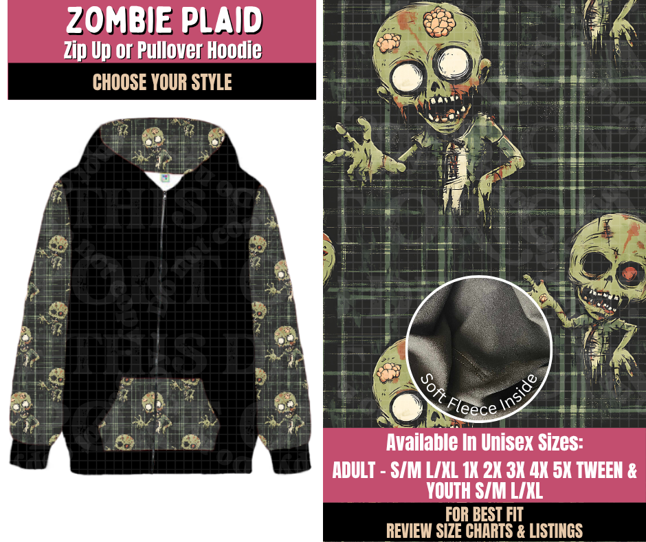 Preorder! Closes 10/1. ETA Dec. Zombie Plaid Zip-Up or Pullover Hoodie