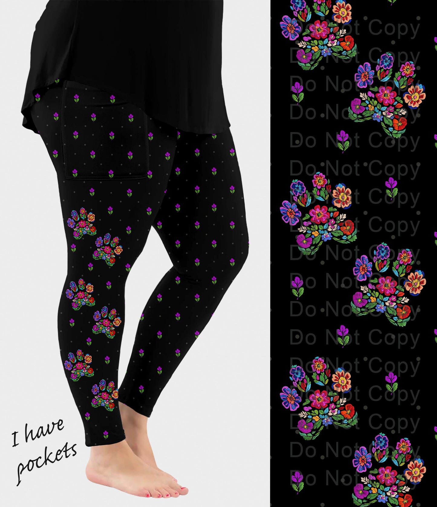 RTS - Embroidered Paws Side Design Leggings with Pockets