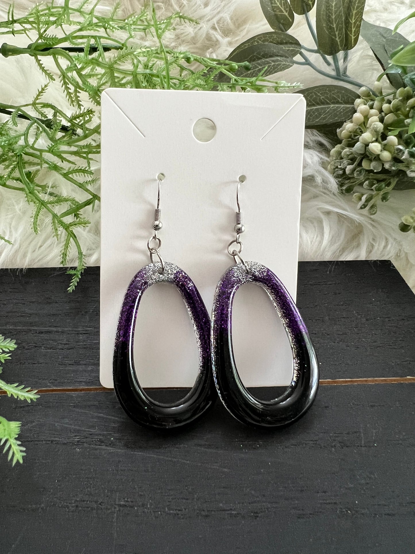 Silver/Purple/Black Teardrop Resin Earrings