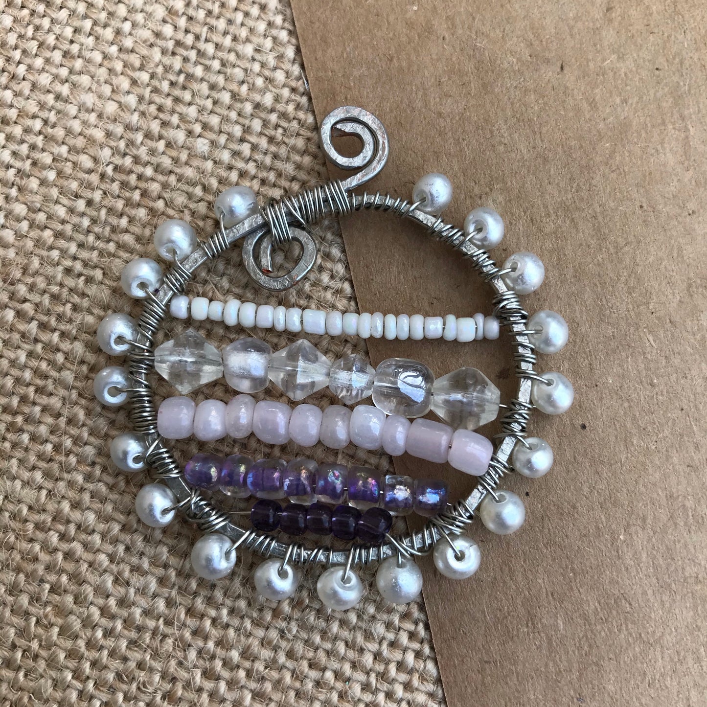 Purple and Pearl on Silver Circle Wire Wrapped Pendant on Cord Necklace