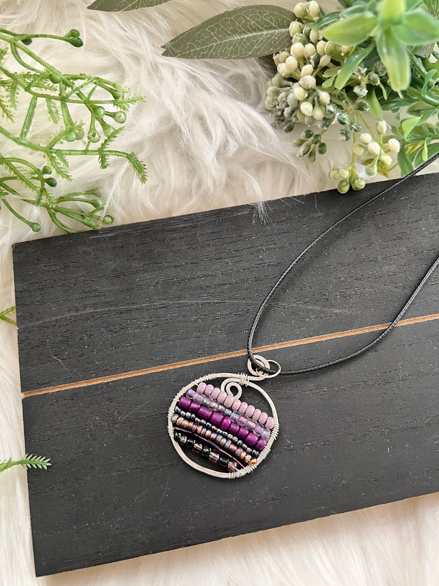 Purple on Silver Circle Wire Wrapped Pendant on Cord Necklace