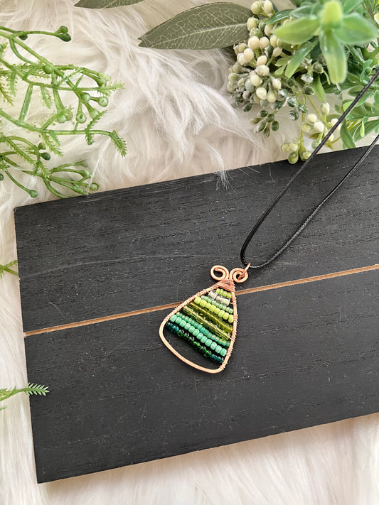 Green on Copper Triangle Wire Wrapped Pendant on Cord Necklace