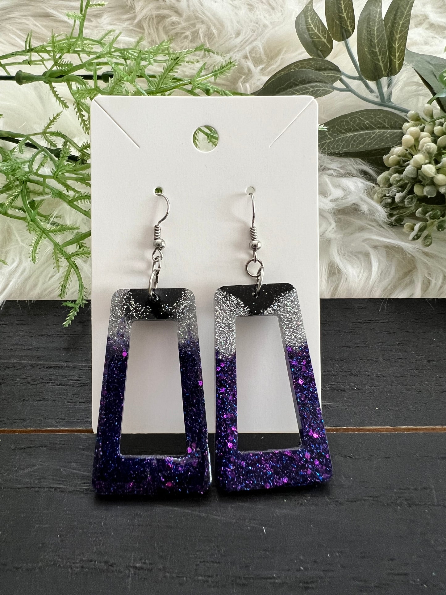 Black/Silver/Purple Trapezoid Resin Earrings