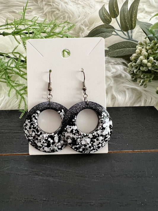 Black with Speckles Circle Resin Earrings