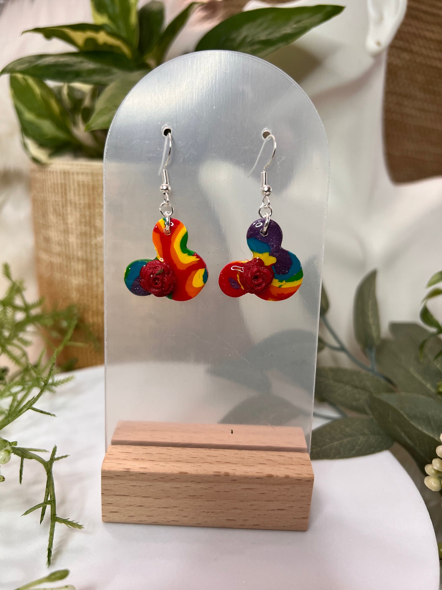 Small Rainbow Flower Mouse Hook Earrings