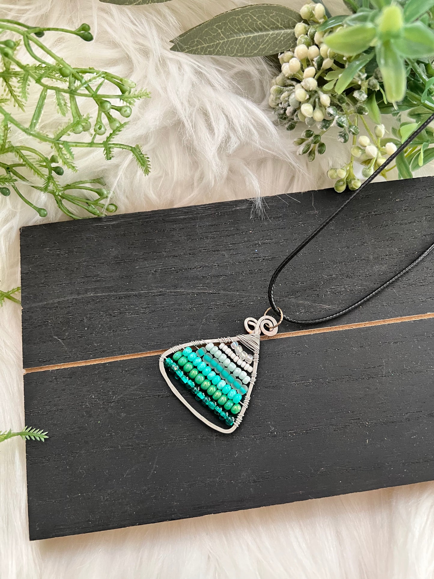 Aqua on Silver Triangle Wire Wrapped Pendant on Cord Necklace