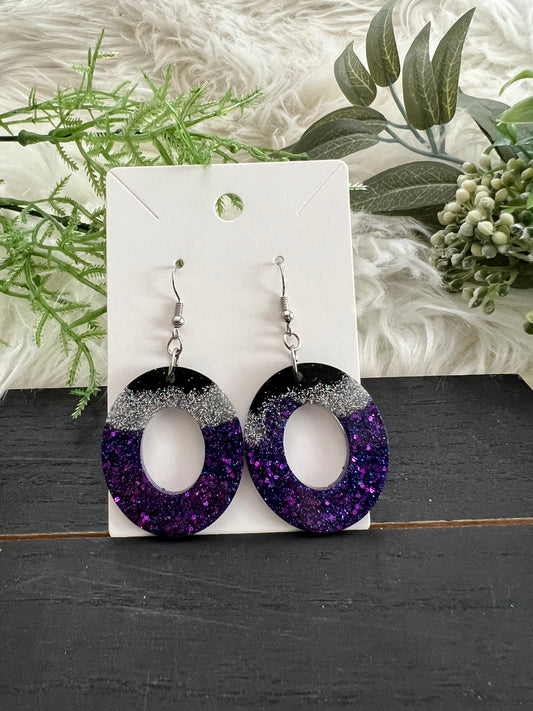 Purple/Black/Silver Oval Resin Earrings