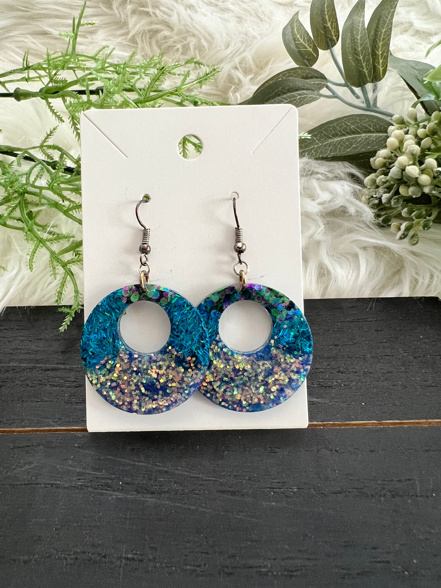 Teal/Silver Circle Resin Earrings