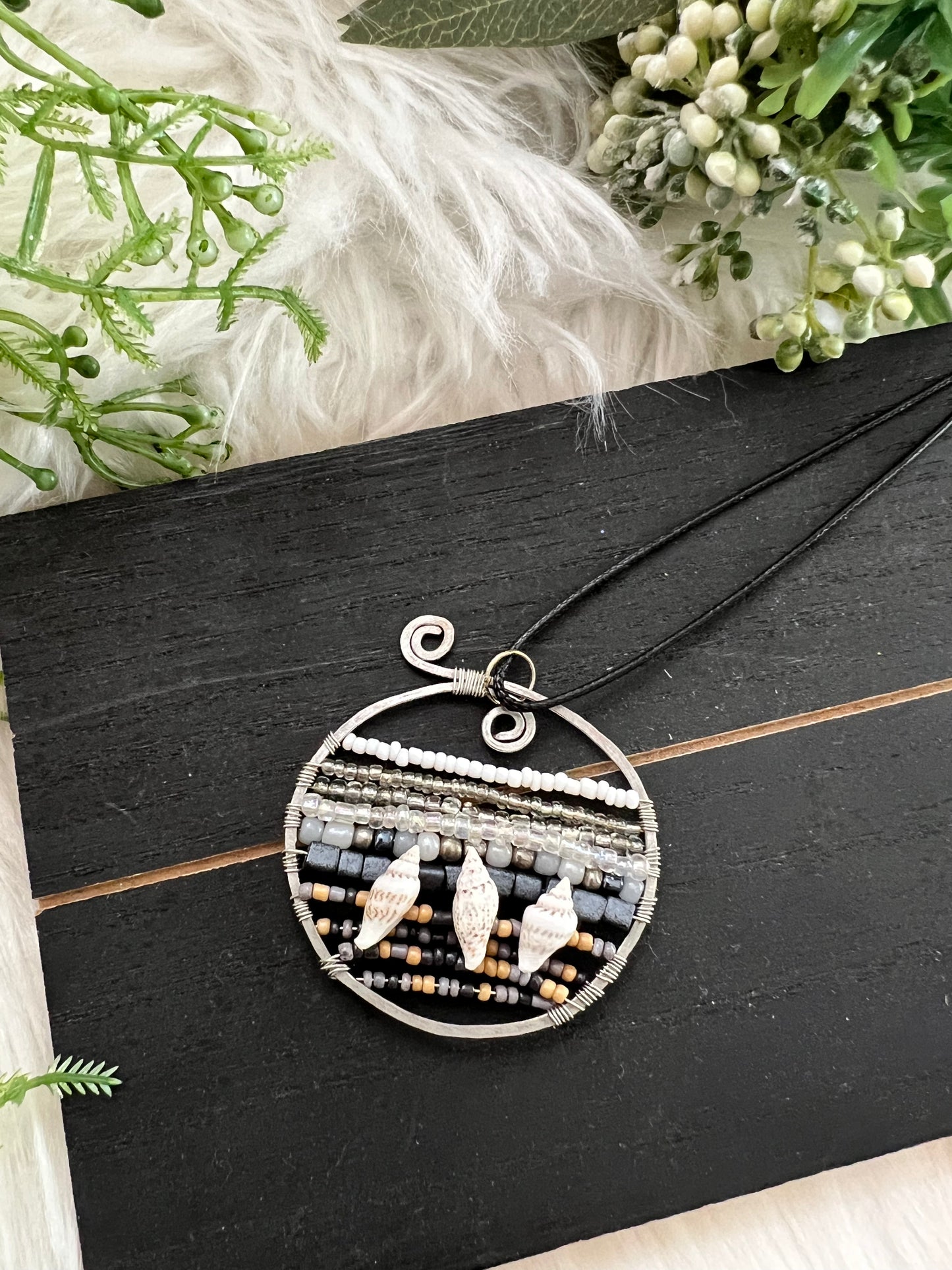3 Shells on Grey Sand Wire Wrapped Pendant on Cord Necklace