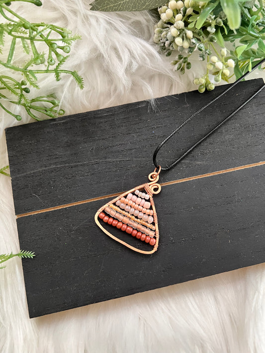 Coral on Copper Triangle Wire Wrapped Pendant on Cord Necklace