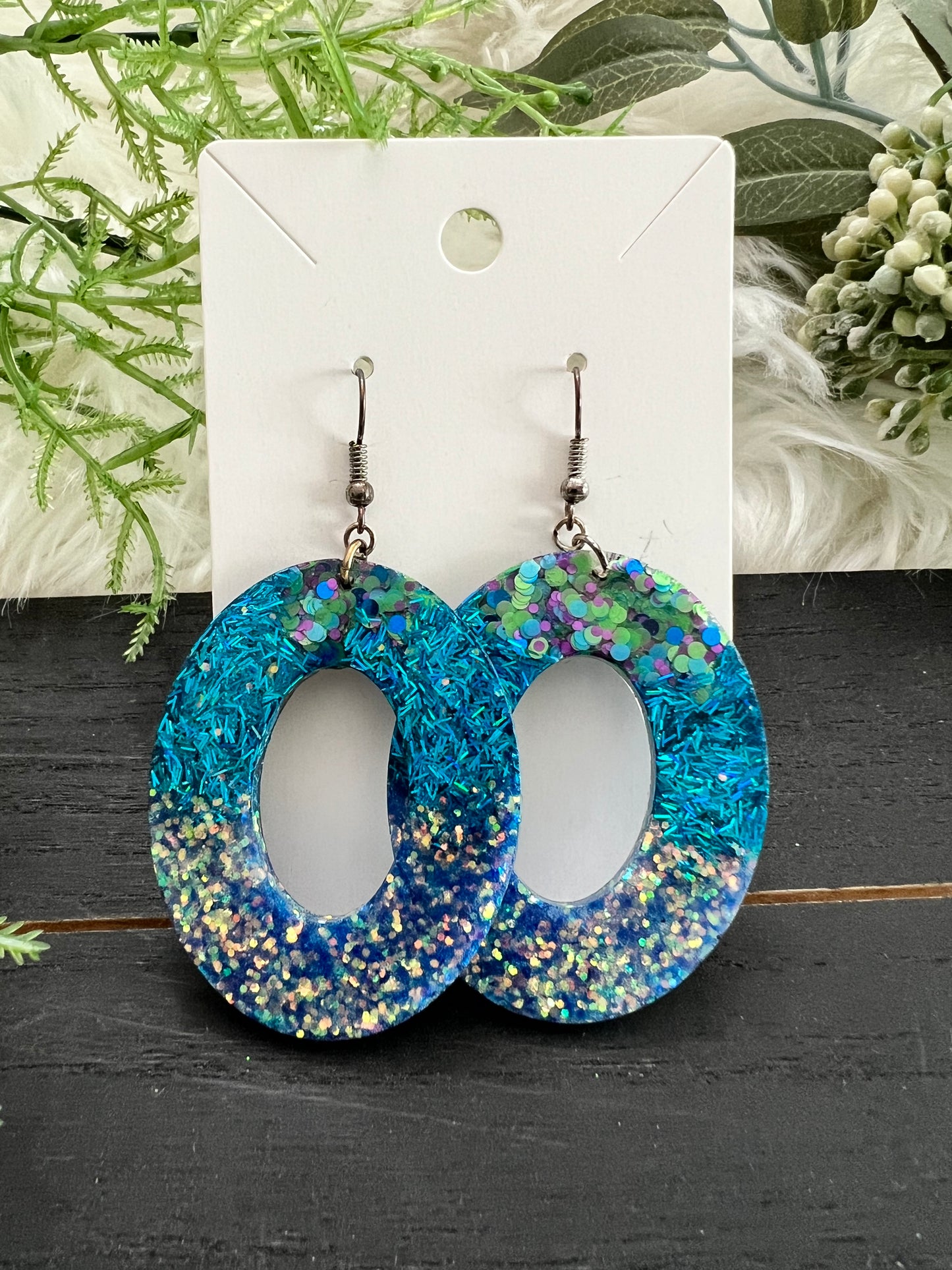 Teal/Silver Oval Resin Earrings