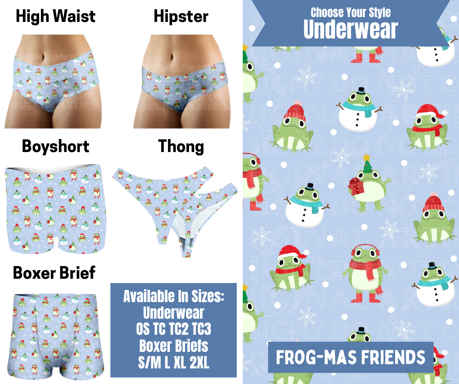 Preorder! Closes 8/26. ETA Nov. Frog-mas Friends Hipster, High Waist, Boyshort, & Thong Underwear & Boxer Briefs