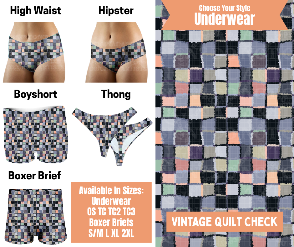 Preorder! Closes 11/5. ETA Feb. Vintage Quilt Check Hipster, High Waist, Boyshort, & Thong Underwear & Boxer Briefs