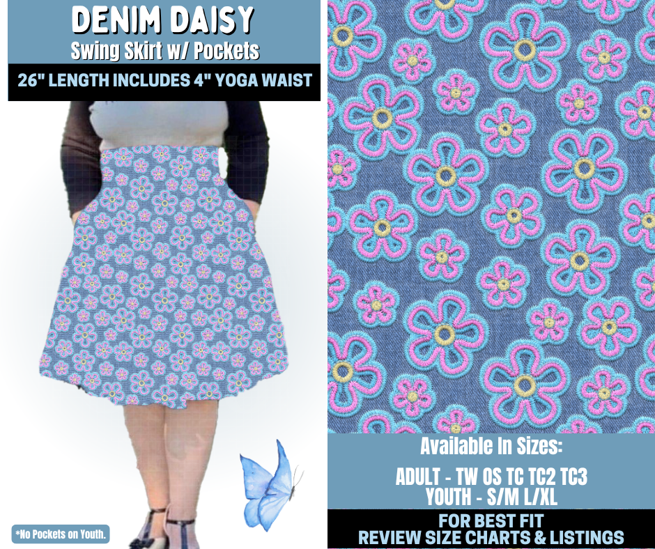 Preorder! Closes 1/15. ETA April. Denim Daisy Swing Skirt