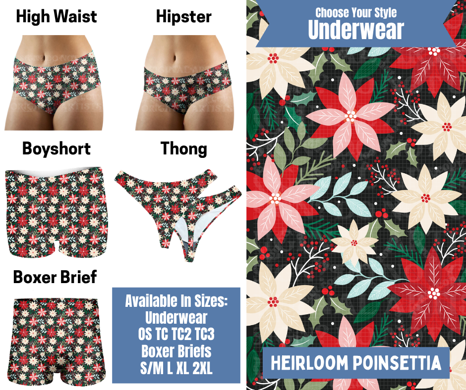 Preorder! Closes 8/26. ETA Nov. Heirloom Poinsettia Hipster, High Waist, Boyshort, & Thong Underwear & Boxer Briefs