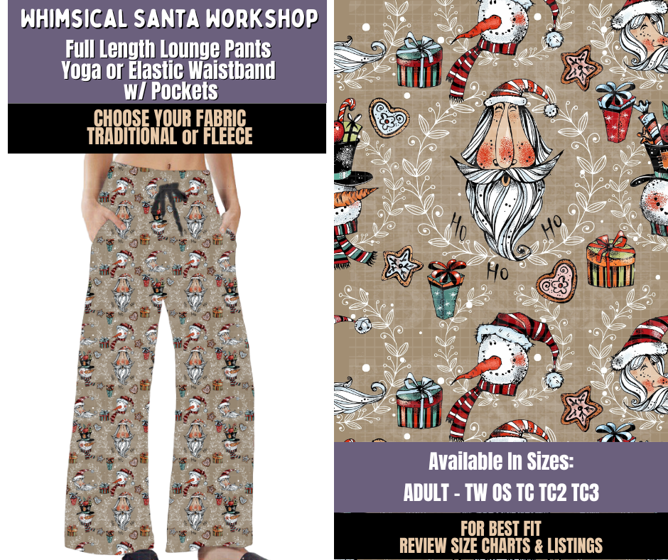 Preorder! Closes 9/3. ETA Dec. Whimsical Santa Workshop Lounge Pants Choose Fleece or Traditional