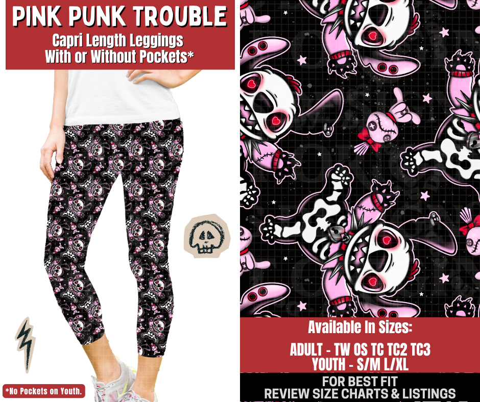 Preorder! Closes 12/22. ETA March. Pink Punk Trouble Capri Length Leggings w/wo Pockets