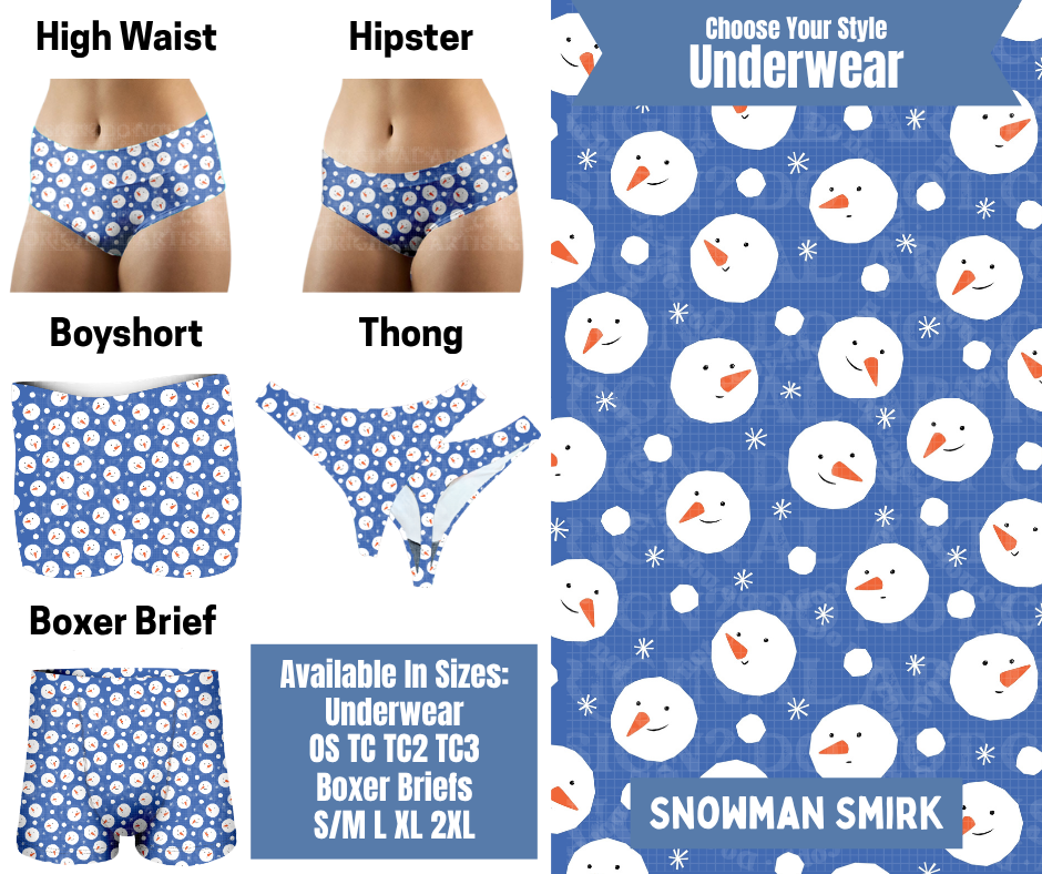 Preorder! Closes 8/26. ETA Nov. Snowman Smirk Hipster, High Waist, Boyshort, & Thong Underwear & Boxer Briefs
