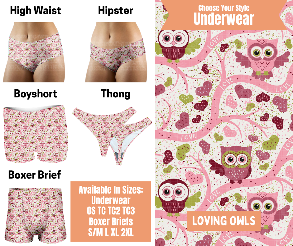 Preorder! Closes 11/5. ETA Feb. Loving Owls Hipster, High Waist, Boyshort, & Thong Underwear & Boxer Briefs