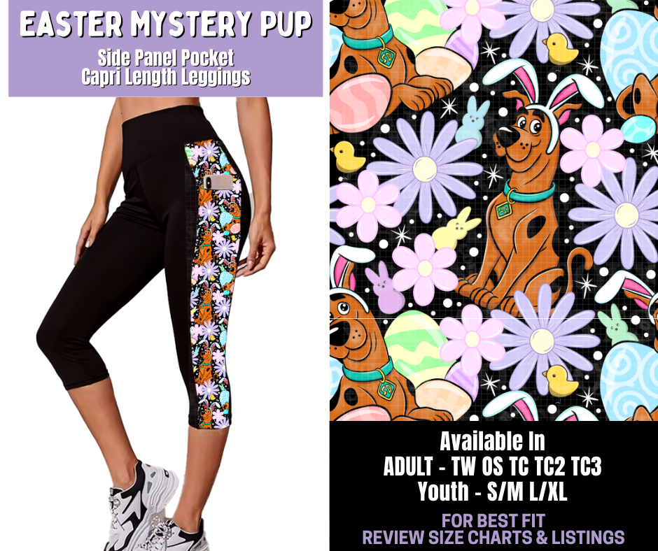 Preorder! Closes 1/22. ETA April. Easter Mystery Pup Side Panel Pocket Capri Length Leggings