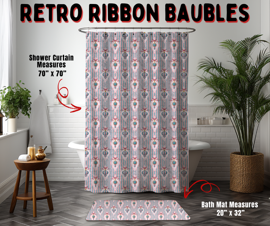 Preorder! Closes 9/2. ETA Dec. Retro Ribbon Baubles Custom Shower Curtain and/or Bath Mat