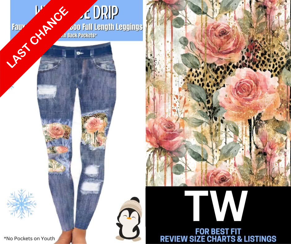 Wild Rose Drip Faux Denim Full Length Peekaboo Leggings
