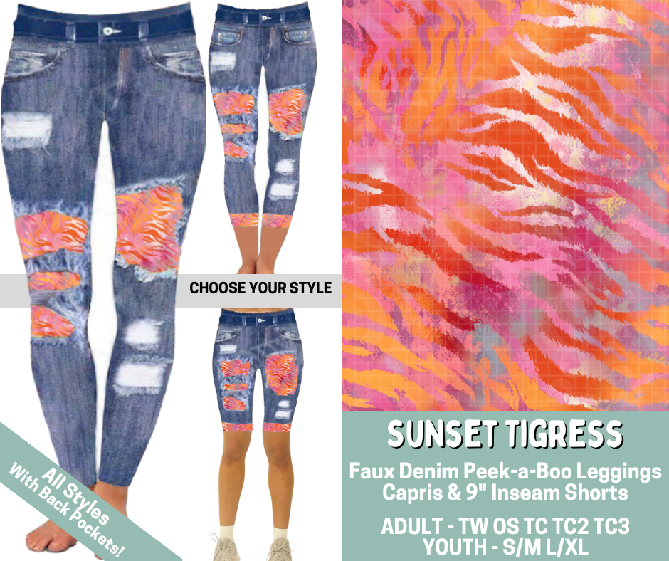 Preorder! Closes 5/20. ETA Aug. Sunset Tigress Combo Faux Denim Peekaboo Legging Lengths